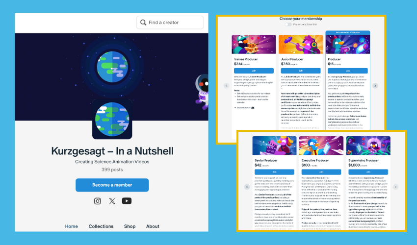 Kurzgesagt – In a Nutshell offers a six-tier Patreon membership for users to enjoy exclusive perks.